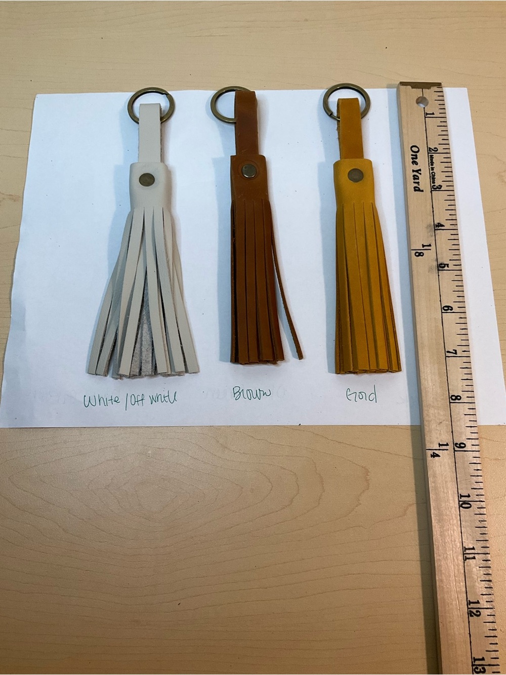 3 Leather Tassel Keychains - White, Brown & Mustard/Gold - Unbranded